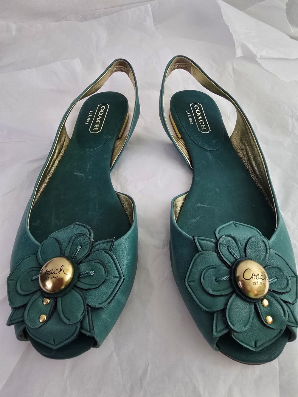 COACH Est. 1941 Teal Green Leather Floral Slingback Peep Toe Heels - Sz 8.5 NWOB - Picture 10 of 11
